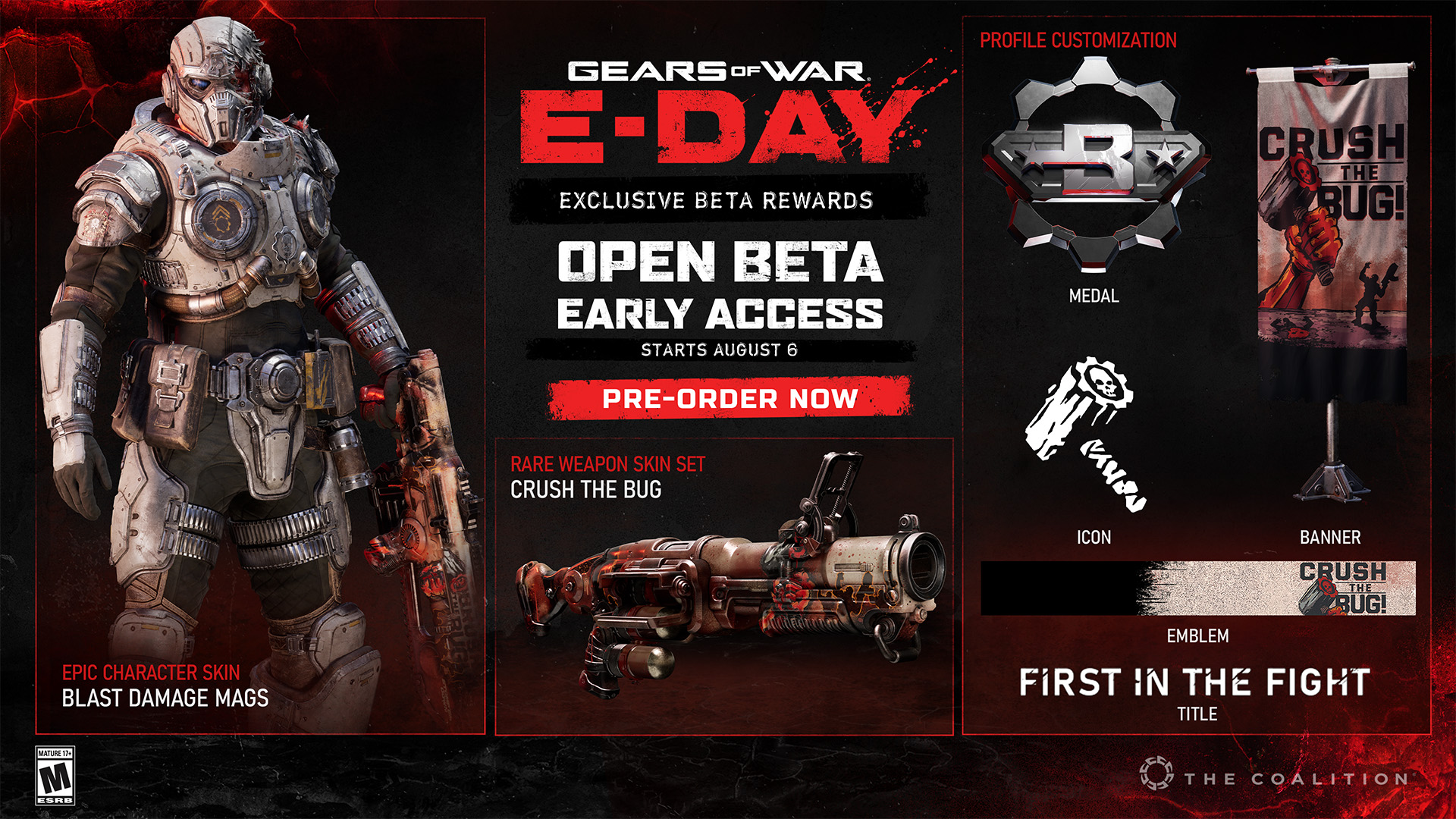 Exclusive Beta rewards including Epic Blast Damage Mags character skin and Crush the Bug weapon set