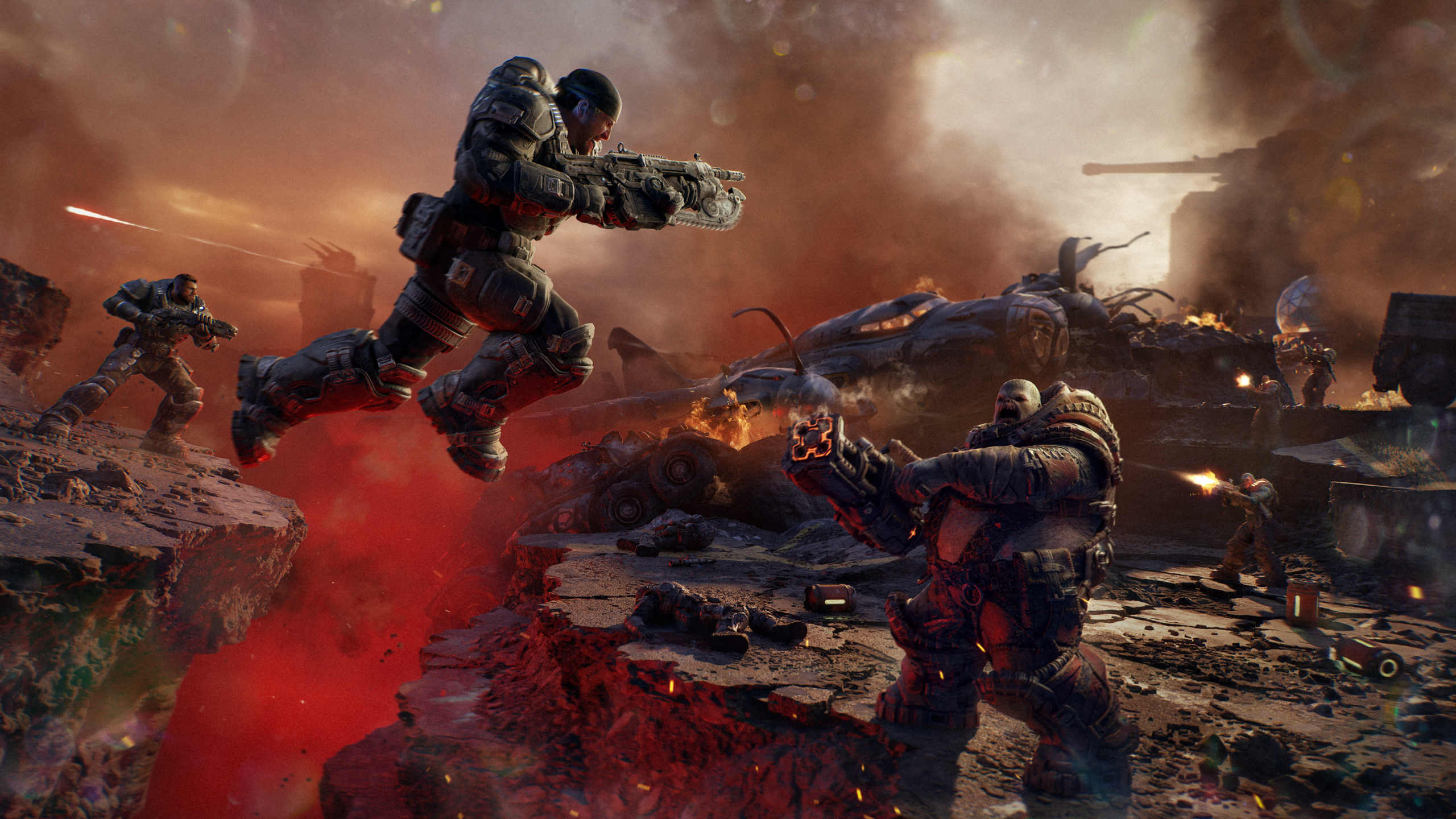 Marcus Fenix leaping over a glowing red gorge to face a Locust Boomer