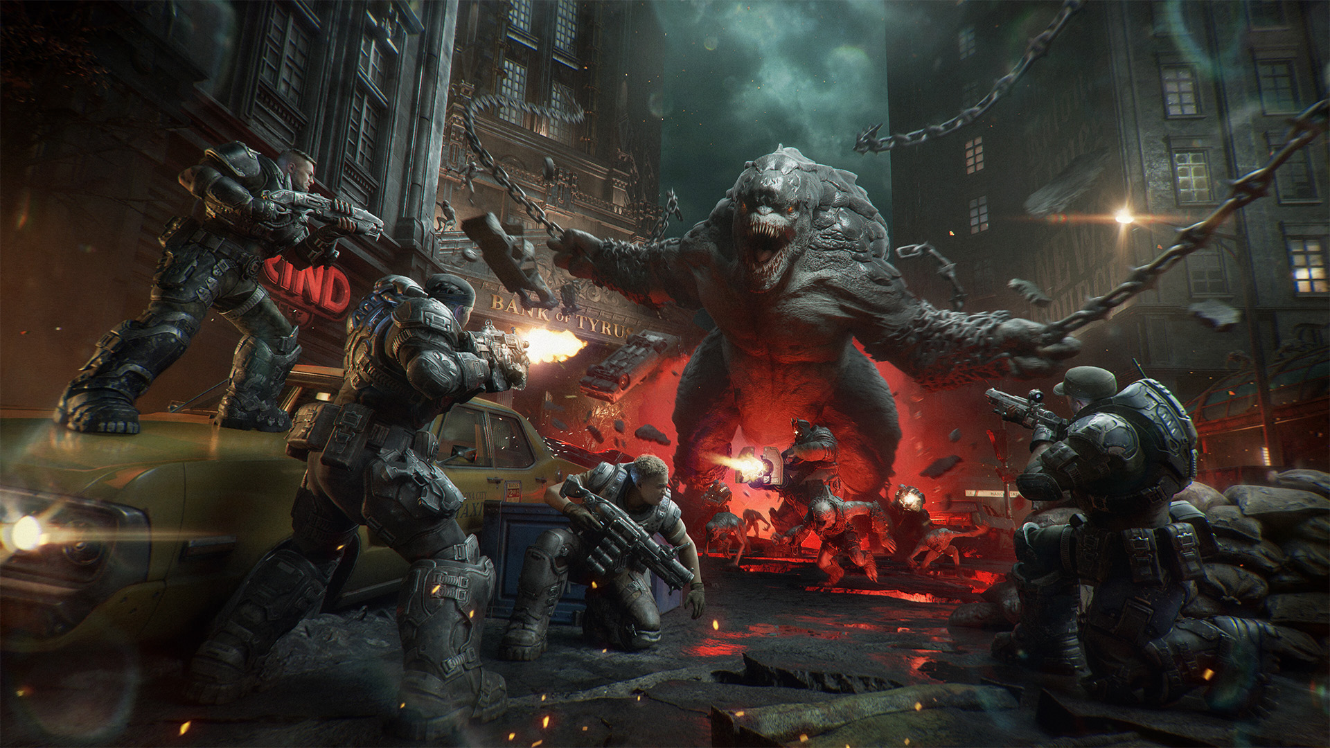 COG army fighting giant Brumac in Horde Siege