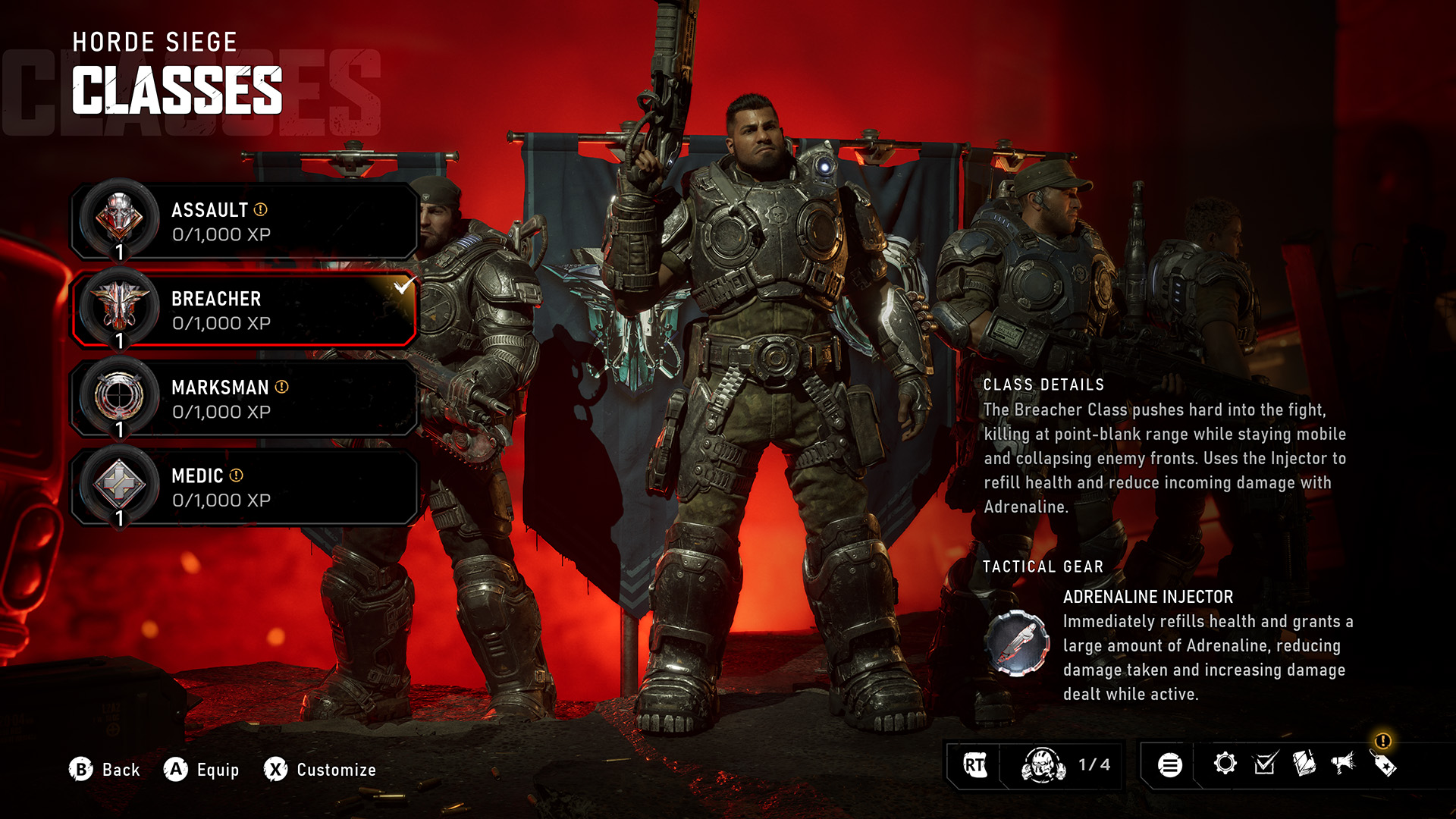 Horde Siege class selection screen featuring Dominic Santiago as Breacher